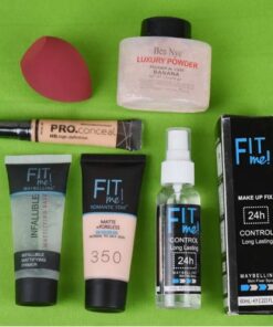 6 in 1 Makeup combo set.(Foundation,concealer,primer,blender puff, loose powder, setting spray)