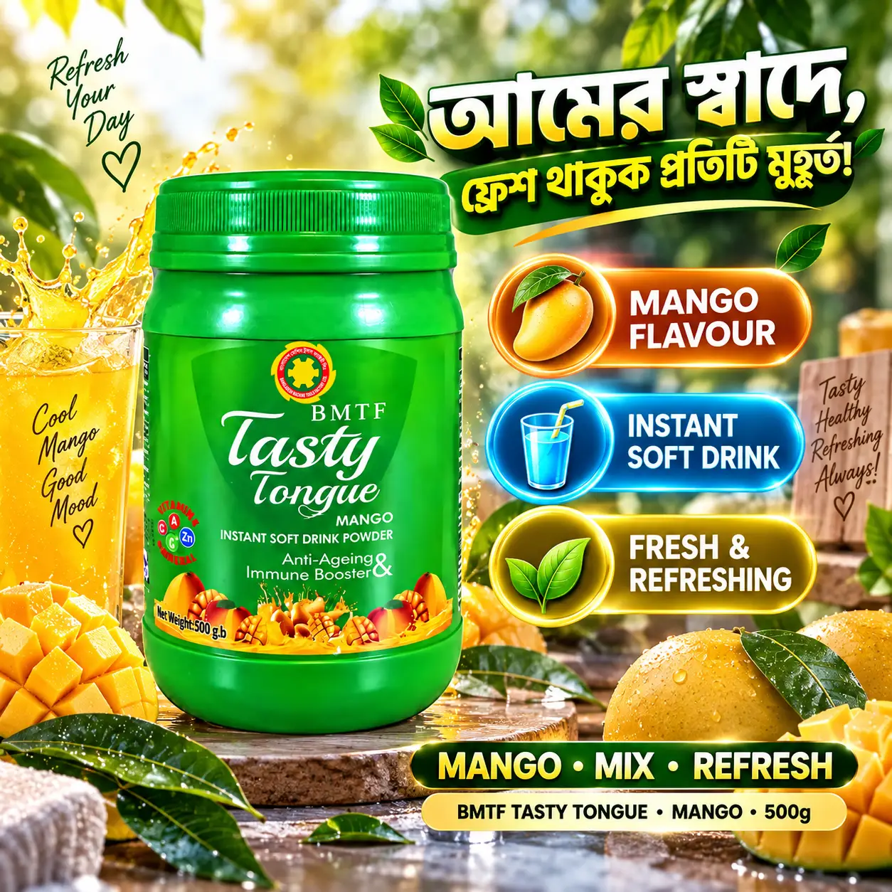 BMTF Tasty Tongue Mango Instant Soft Drink Powder 500gm | Vitamin & Mineral Enriched | Army Pharma - Image 2