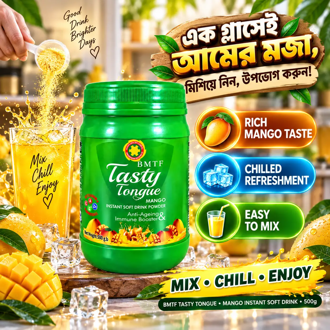 BMTF Tasty Tongue Mango Instant Soft Drink Powder 500gm | Vitamin & Mineral Enriched | Army Pharma - Image 3
