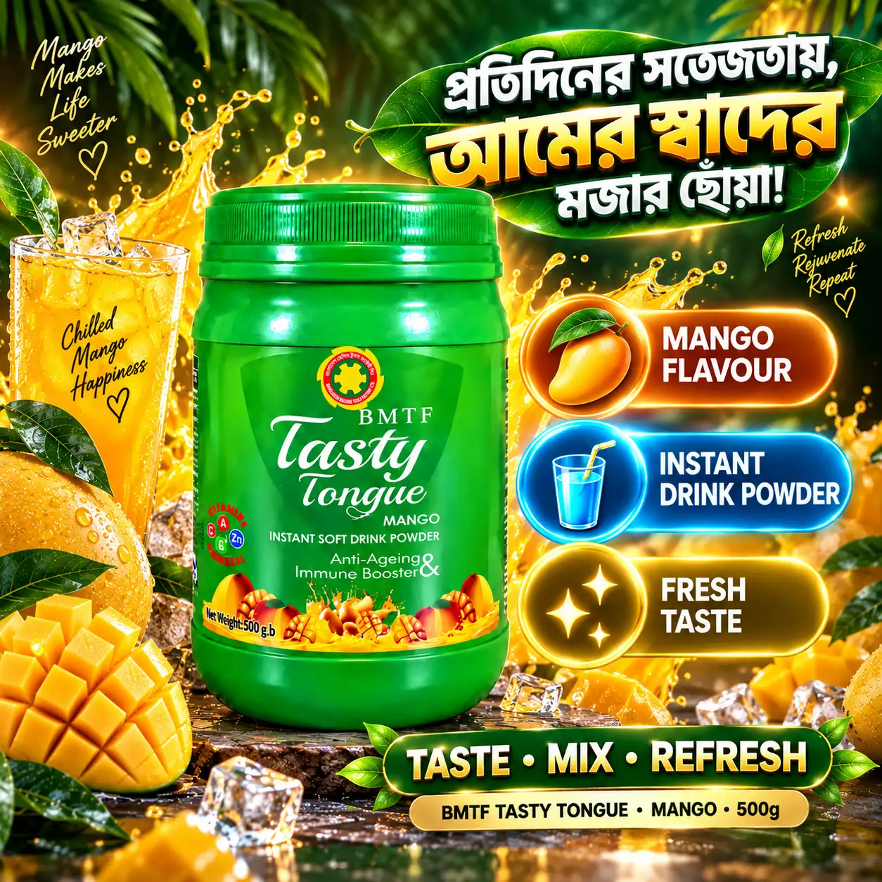 BMTF Tasty Tongue Mango Instant Soft Drink Powder 500gm | Vitamin & Mineral Enriched | Army Pharma - Image 4