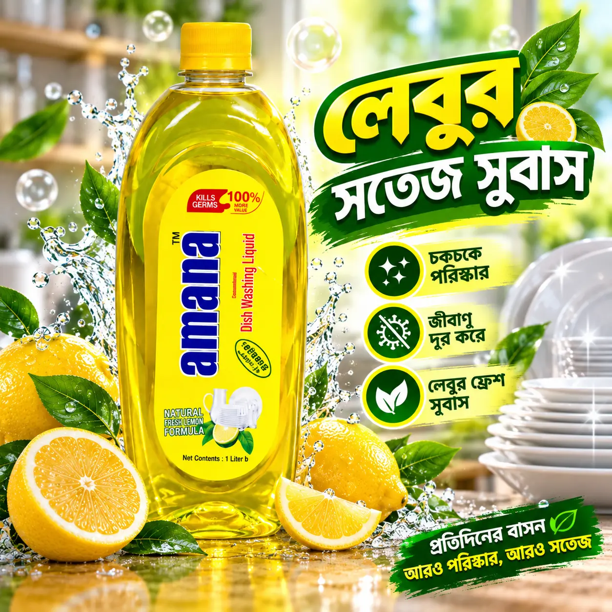 Amana Dish Washing Liquid 1L – Fresh Lemon Formula - Image 2