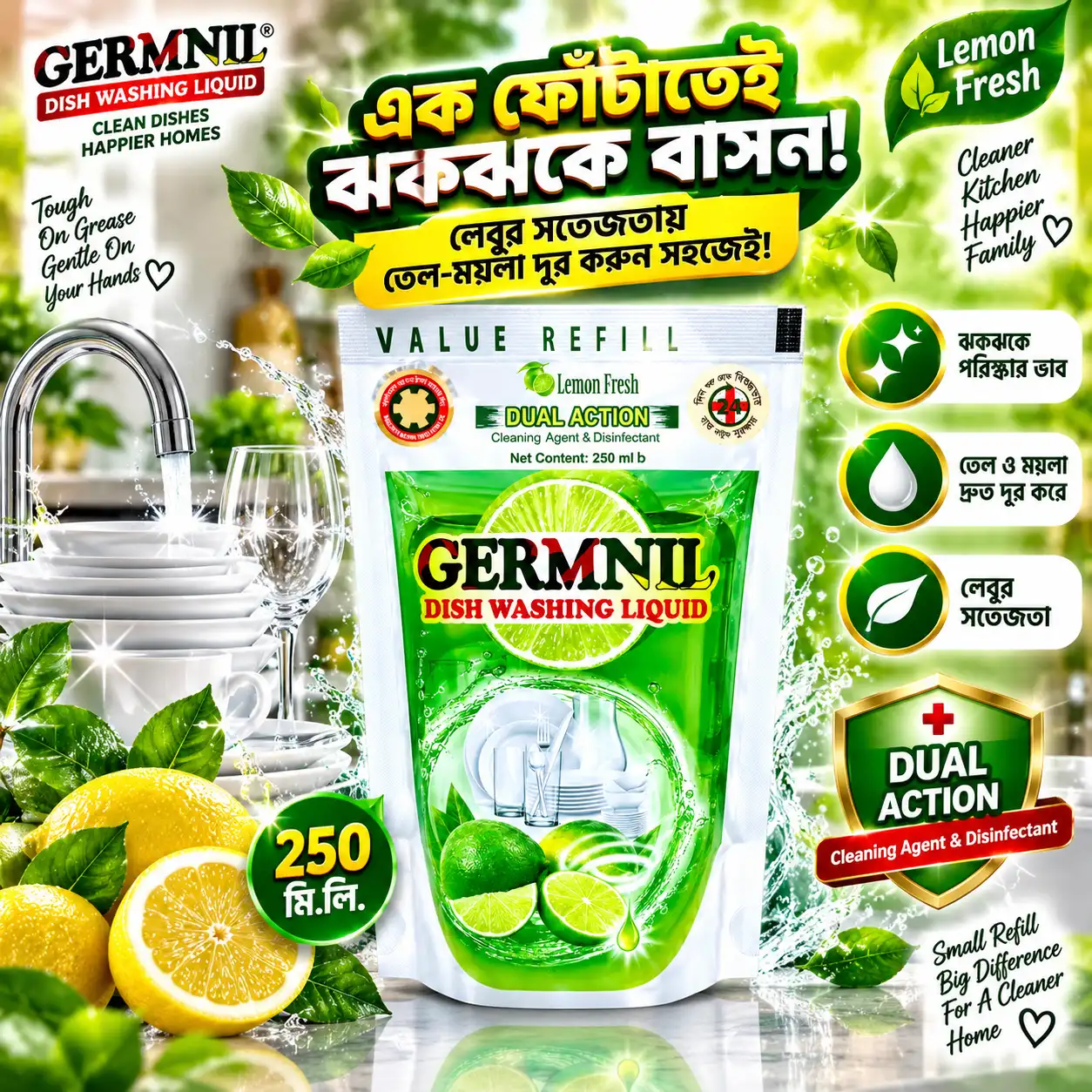 GERMNIL Dish Washing Liquid Refill 250ml | BMTF Product | Dual Action Lemon Fresh - Image 2