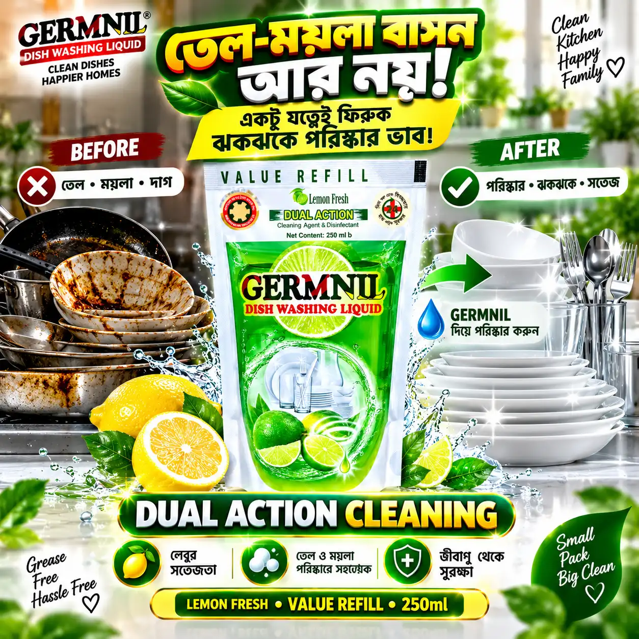 GERMNIL Dish Washing Liquid Refill 250ml | BMTF Product | Dual Action Lemon Fresh - Image 3