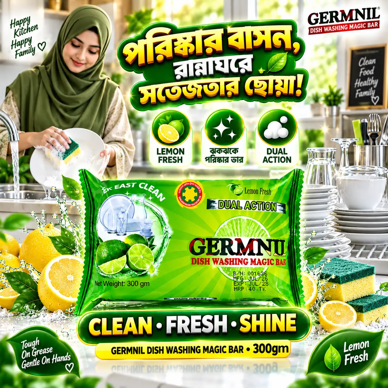 GERMNIL Dish Washing Magic Bar 300gm | BMTF Product | Dual Action Lemon Fresh - Image 3