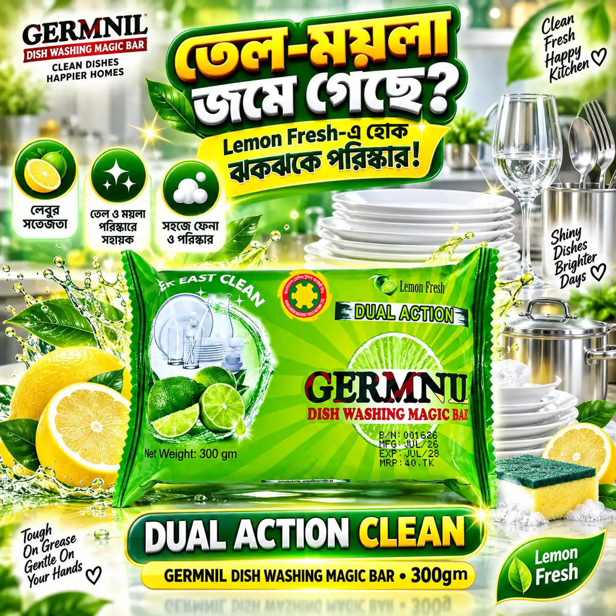 GERMNIL Dish Washing Magic Bar 300gm | BMTF Product | Dual Action Lemon Fresh - Image 4