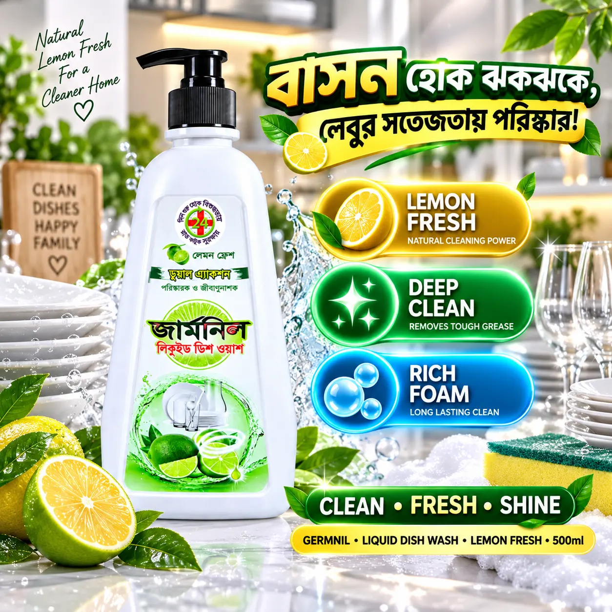 GERMNIL Dish Washing Liquid 500ml | BMTF Product | Dual Action Lemon Fresh - Image 2