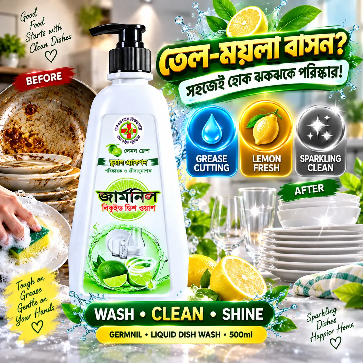 GERMNIL Dish Washing Liquid 500ml | BMTF Product | Dual Action Lemon Fresh - Image 3